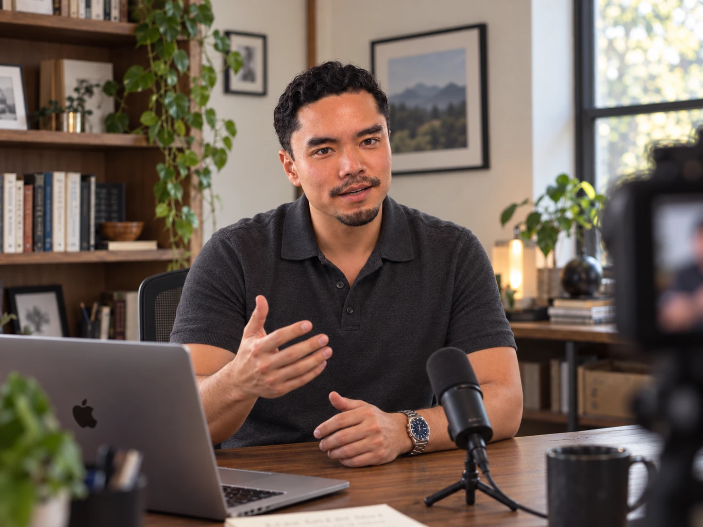 Joe Guevara explaining a technology topic at his desk, with a laptop and recording microphone