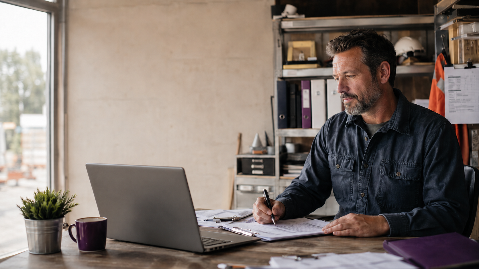 A field service business owner reviews paperwork at a desk with a laptop, coffee mug, and shelving with binders and a hard hat behind him.