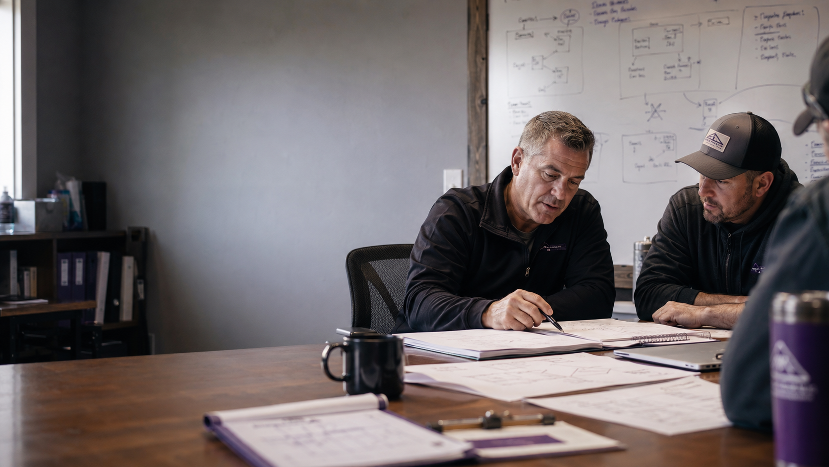 Two field service operators review system diagrams and notes at a conference table, with a whiteboard of workflow maps behind them.